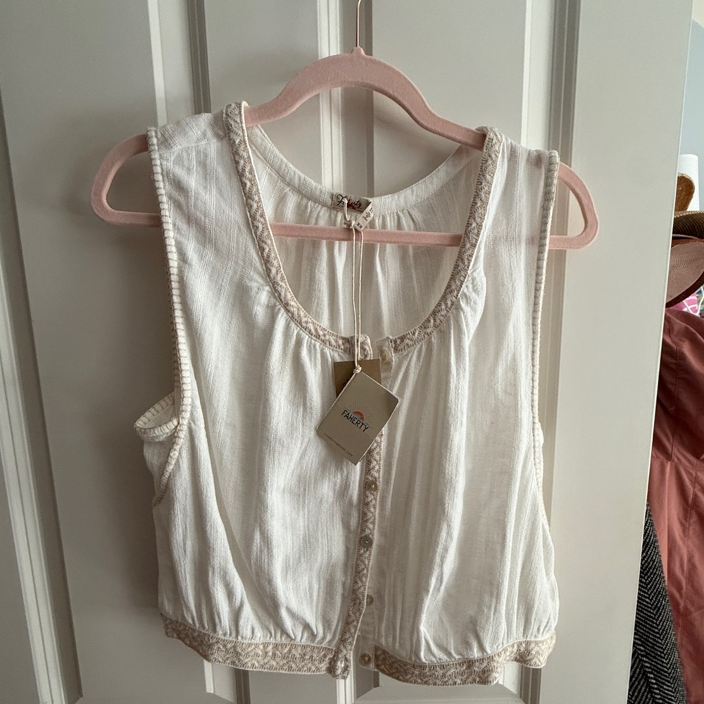 Faherty Ivory Tank Top with Beige Trim